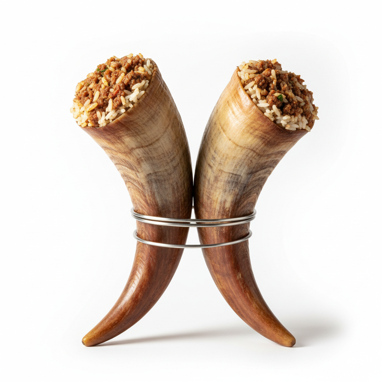 Zwei Naturhörner zusammengebunden mit Edelstahldraht, befüllt mit Fleisch-Füllung – bereit zum Backen. Abbildung kann vom Naturprodukt abweichen.