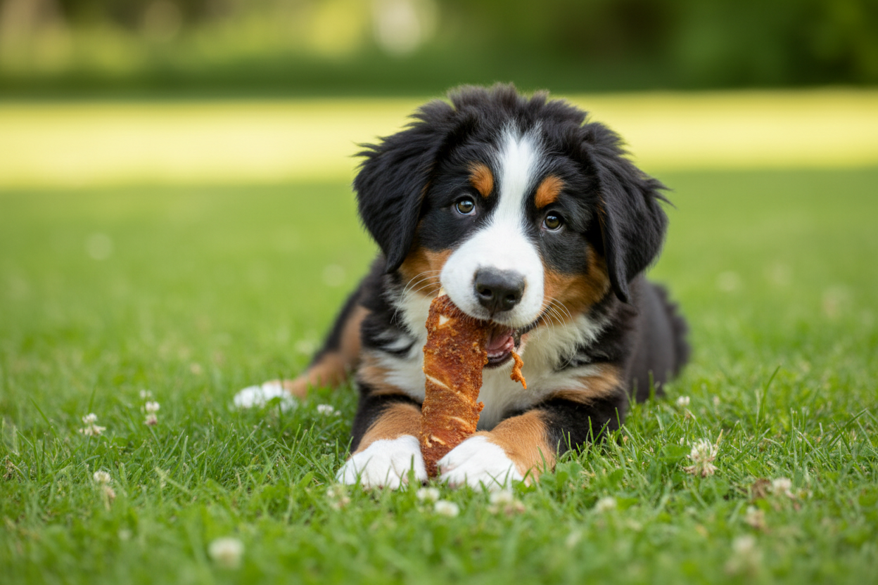 Berner Sennenhund Welpe kaut Rippe im Hühnchenfleischmantel XL