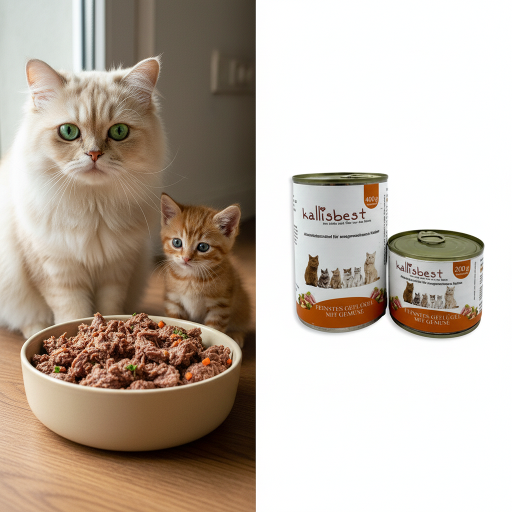 Feinstes Geflügel mit Gemüse – Split Bild Perser und Tabby Kitten mit Napf und Kallisbest Dose