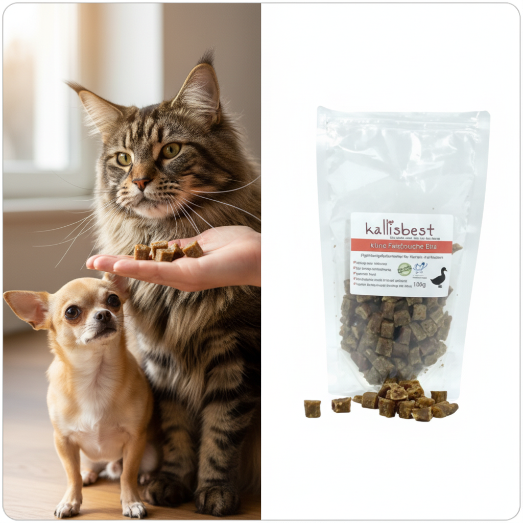 Entenfleischwürfel klein – Maine Coon und Chihuahua werden gefüttert
