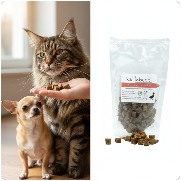 Entenfleischwürfel klein – Maine Coon und Chihuahua werden gefüttert
