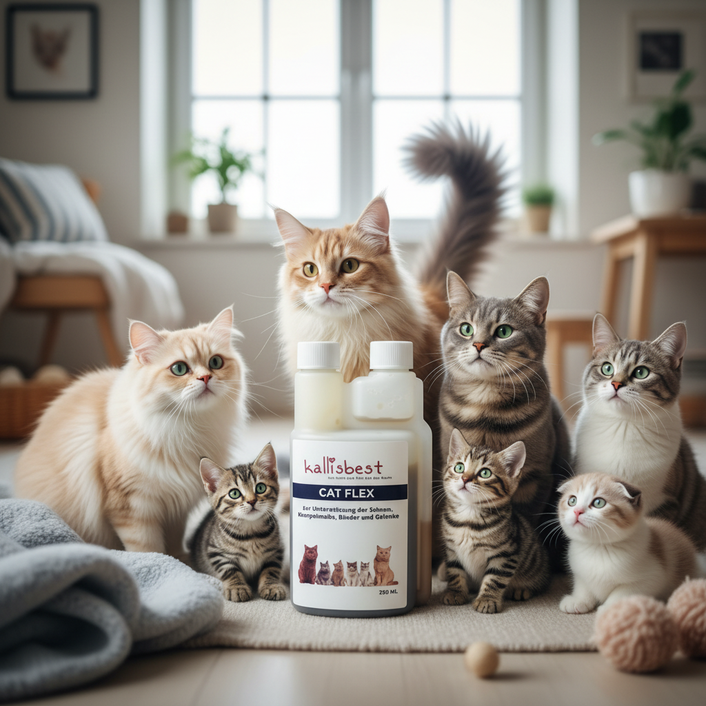 Cat Flex – Viele Katzen verschiedener Altersgruppen rund um die Kallisbest Flasche