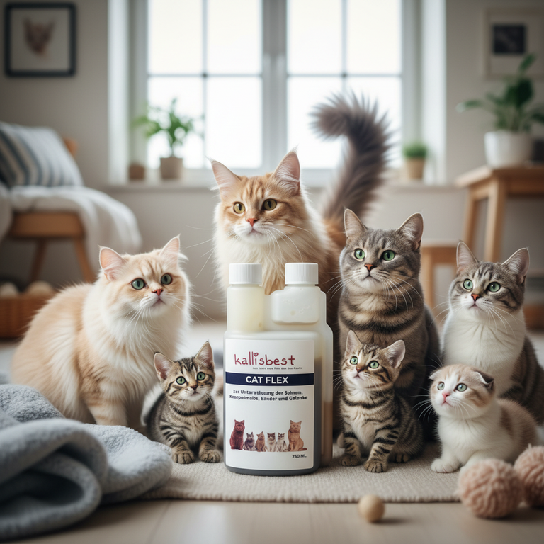 Cat Flex – Viele Katzen verschiedener Altersgruppen rund um die Kallisbest Flasche