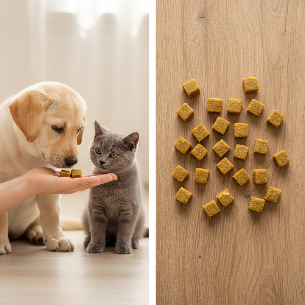 Huhn-Kabeljau Fleischwürfel – Labrador Welpe und BKH Kitten mit Würfeln auf Holz