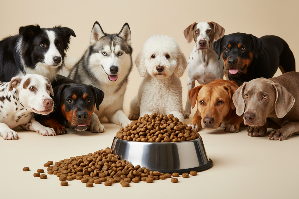 Ente mit Kartoffel mittlere Kroketten – Napf mit Border Collie, Husky, Pudel, Rottweiler, Dalmatiner