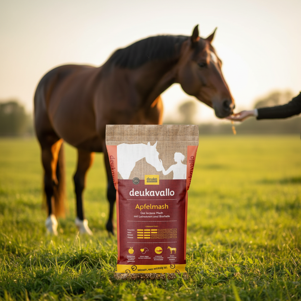 Deukavallo Apfelmash 15 kg – Kombibild mit Pferd