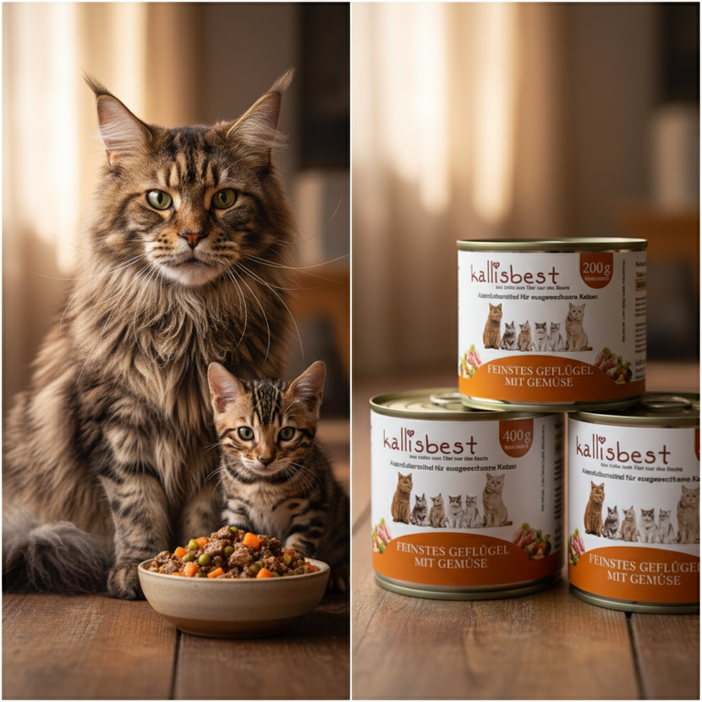 Feinstes Geflügel mit Gemüse – Split Bild Maine Coon und Bengal Kitten mit Napf und Kallisbest Dose