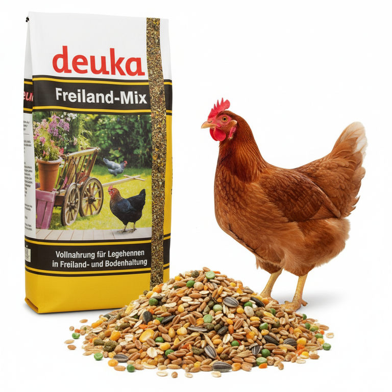 deuka Freiland-Mix 10 kg Kombibild mit echter Körnermischung und Henne