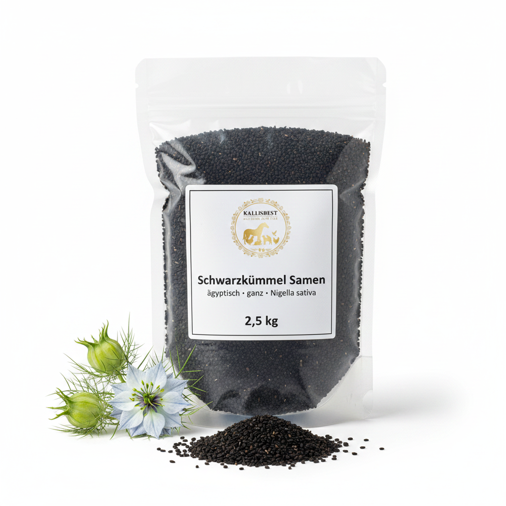 Kallisbest Schwarzkümmel 2,5kg mit Emblem und Pflanze