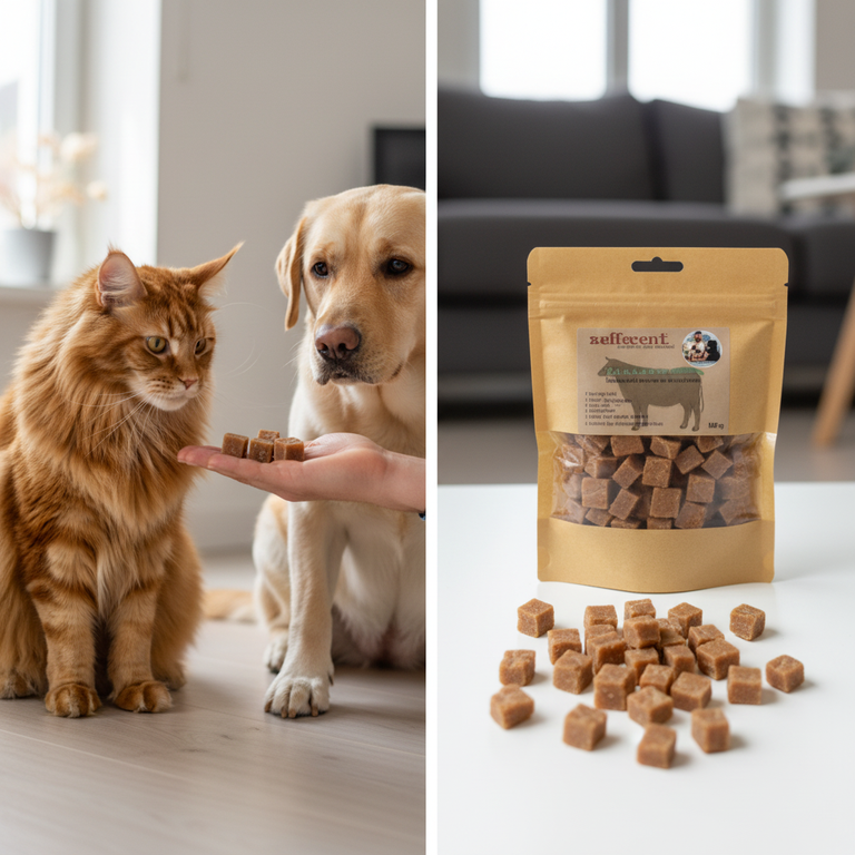 Rindfleischwürfel – Maine Coon und Labrador im Training