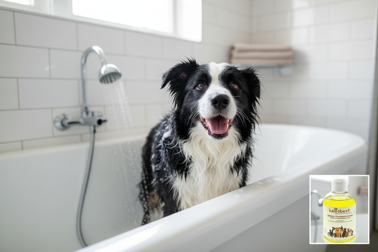 Border Collie wird mit Kallisbest Shampoo Zitronenduft gebadet