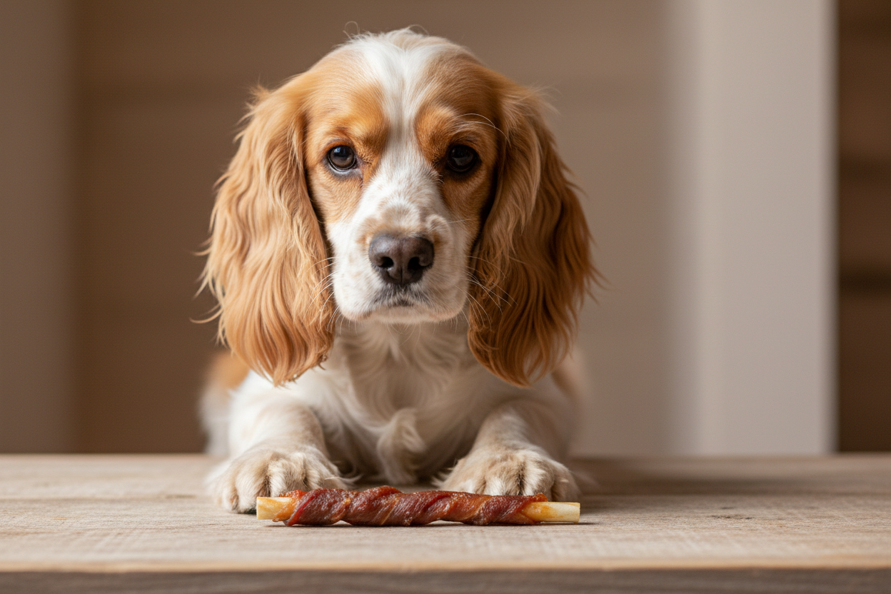 Cocker Spaniel mit Kaustange im Entenfleischmantel ca. 12 cm