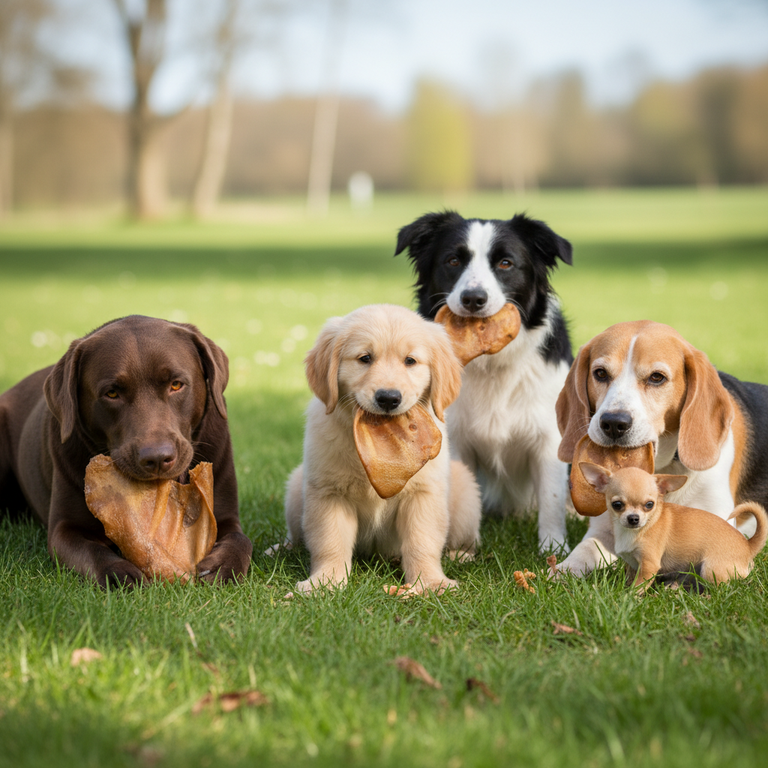 Schweineohren – Hundegruppe verschiedener Altersgruppen knappern Schweineohren