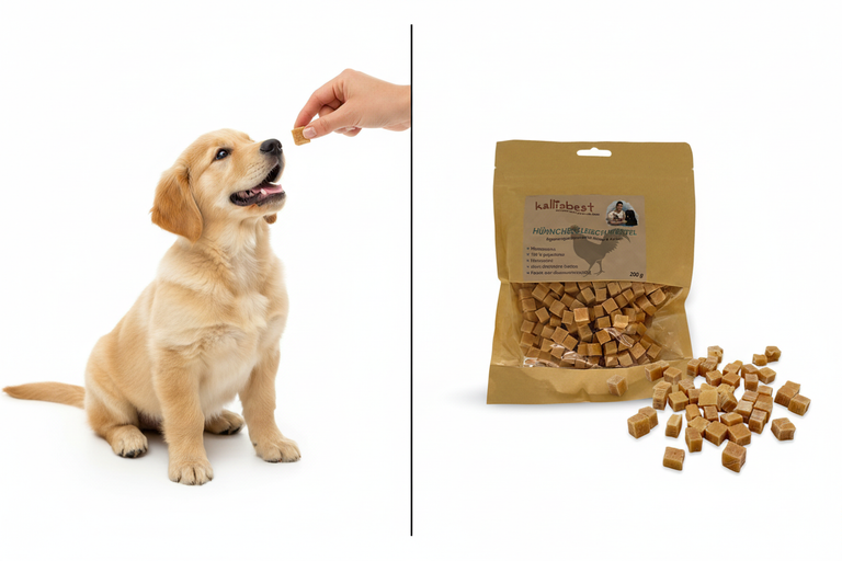 Golden Retriever Welpe bekommt Hühnchenfleischwürfel als Belohnung – Kallisbest