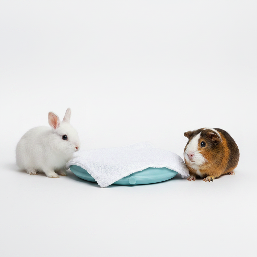 Hase und Meerschweinchen neben Coolpets Eisscheibe mit Tuch