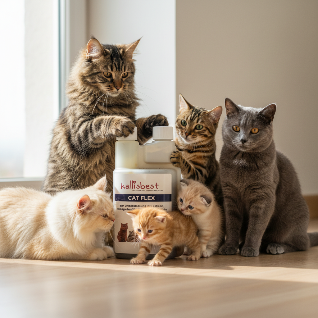 Cat Flex – Kallisbest Flasche groß im Vordergrund, Katzen verschiedener Rassen und Altersgruppen drumherum