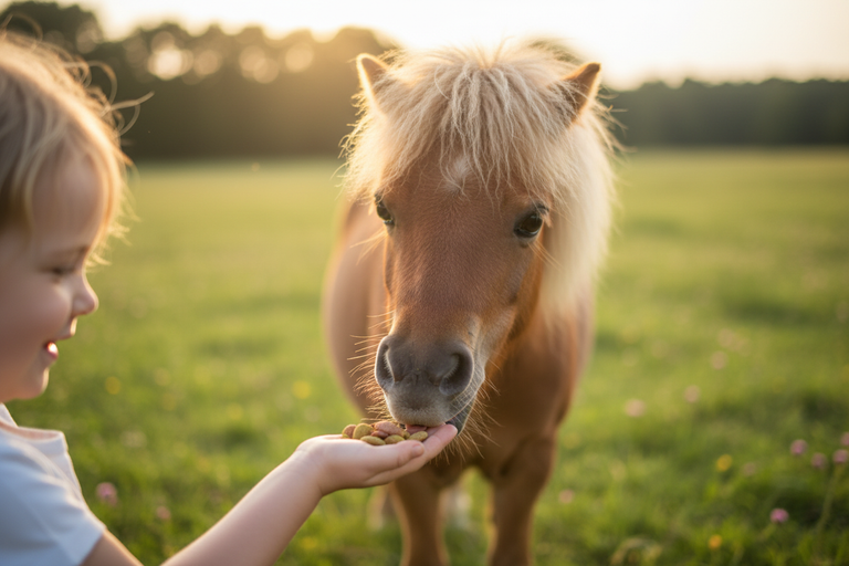 Kind fütert Pony mit Leckerli