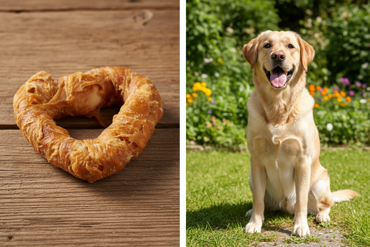 Kallisbest Herz im Hühnchenfleischmantel XL – Split-Bild mit Golden Retriever