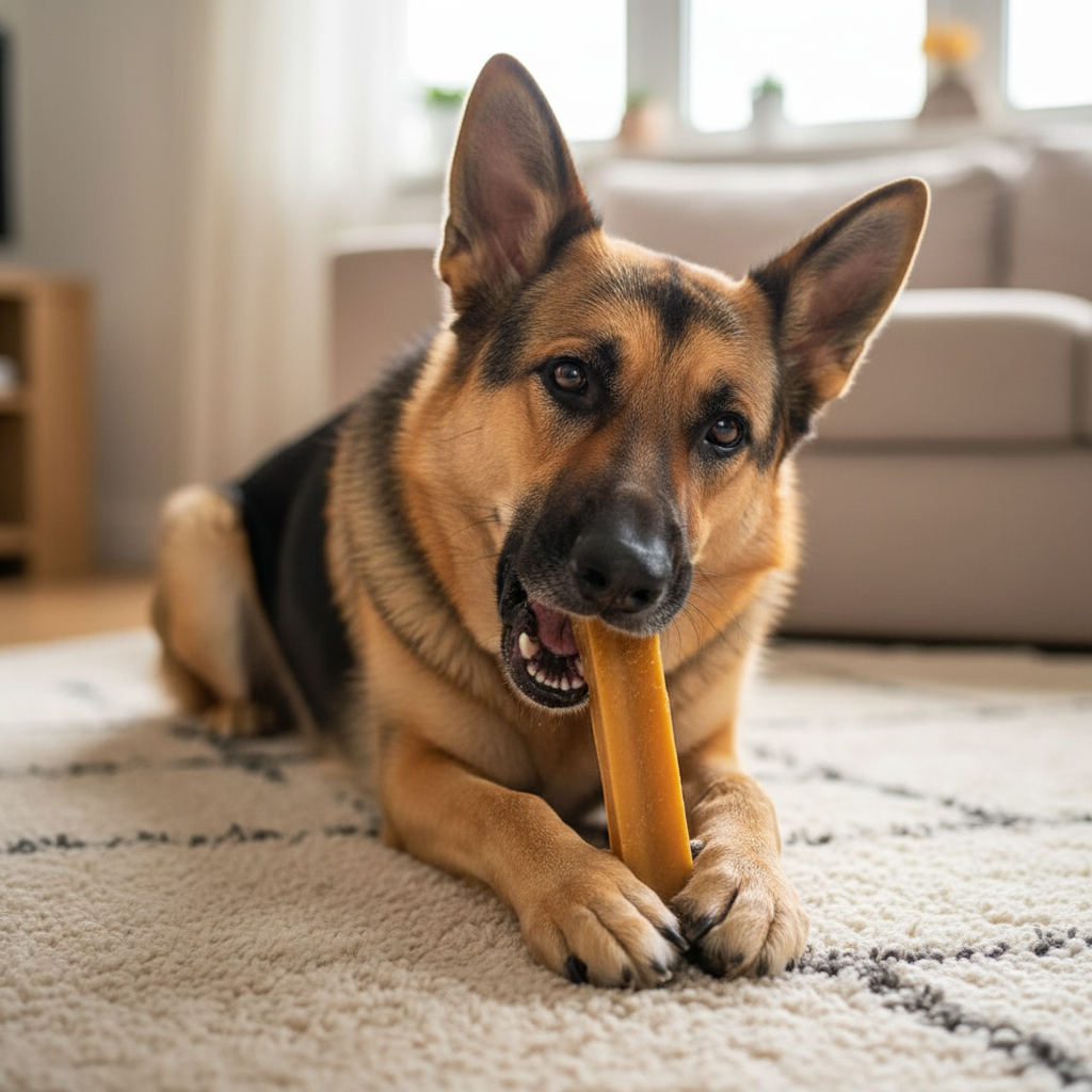 Deutscher Schäferhund frisst Himalaya Yak Kaukäse 3er Pack