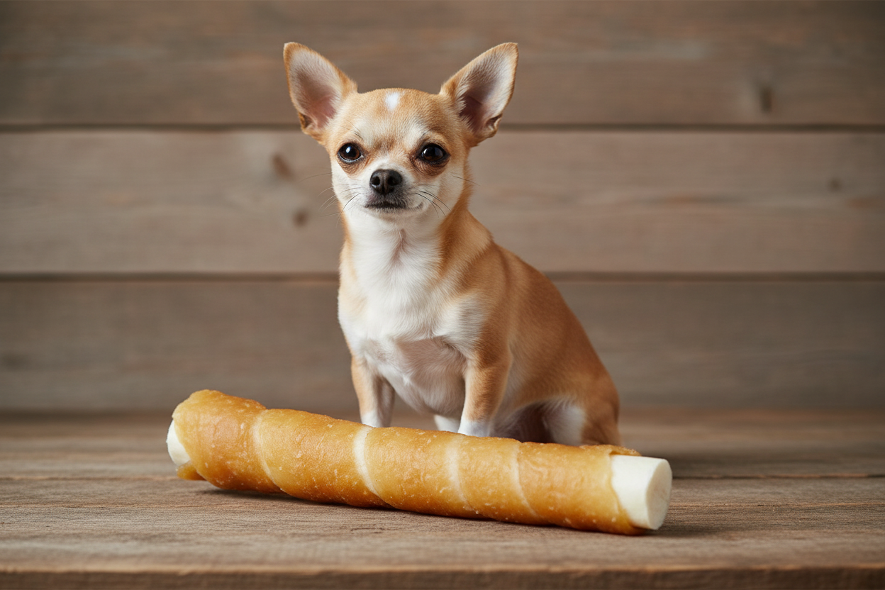 Chihuahua Größenvergleich Kaustange im Hühnchenfleischmantel BIG