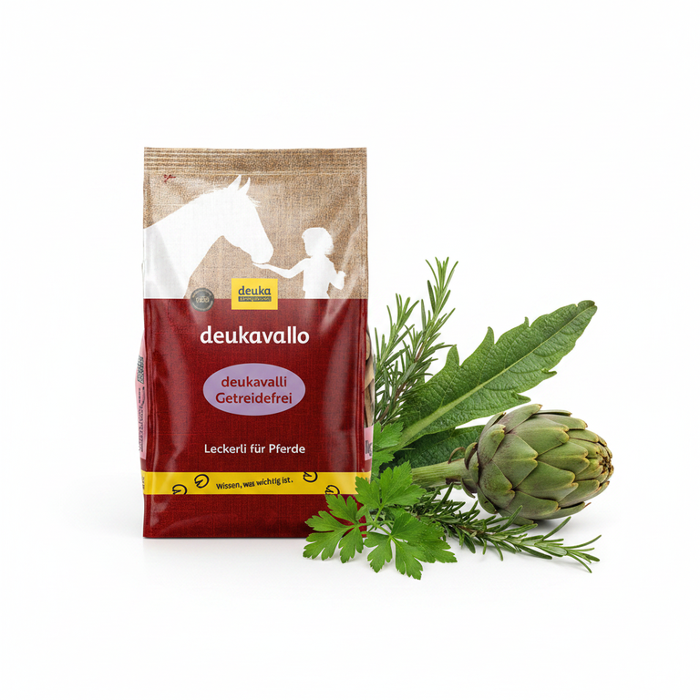 Deukalli Getreidefrei 1kg – Sack mit Kräutern weißer Hintergrund