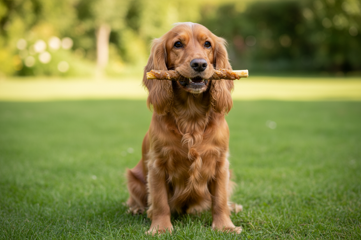 Cocker Spaniel kaut Kaustange im Hühnchenfleischmantel ca. 18 cm