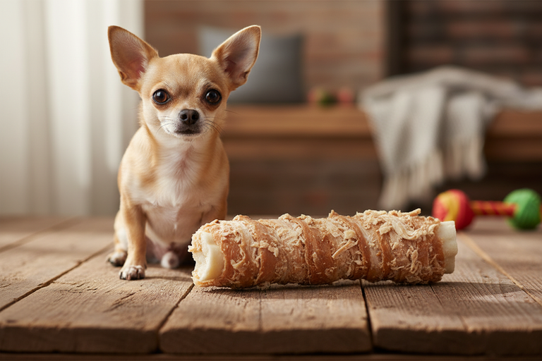 Chihuahua Größenvergleich Rippe im Hühnchenfleischmantel XL