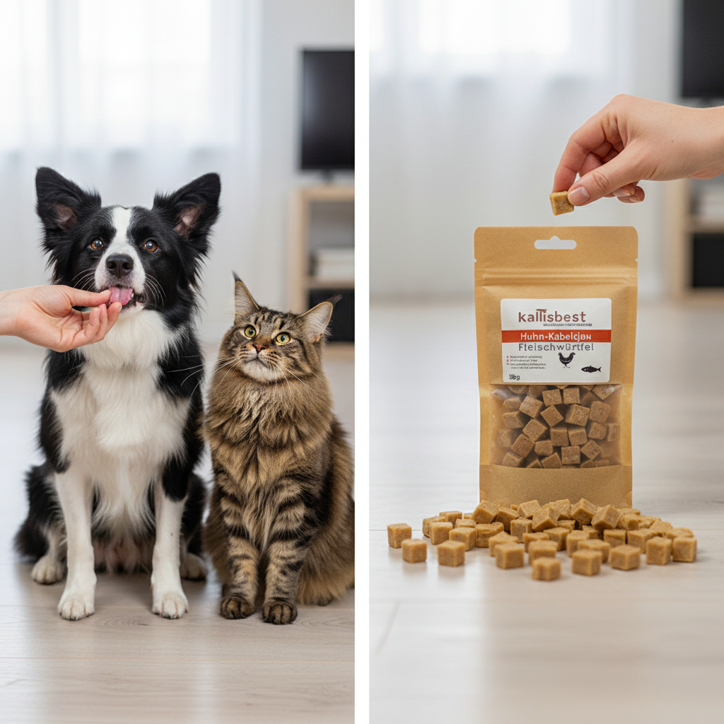 Huhn-Kabeljau Fleischwürfel – Border Collie und Maine Coon mit Verpackung