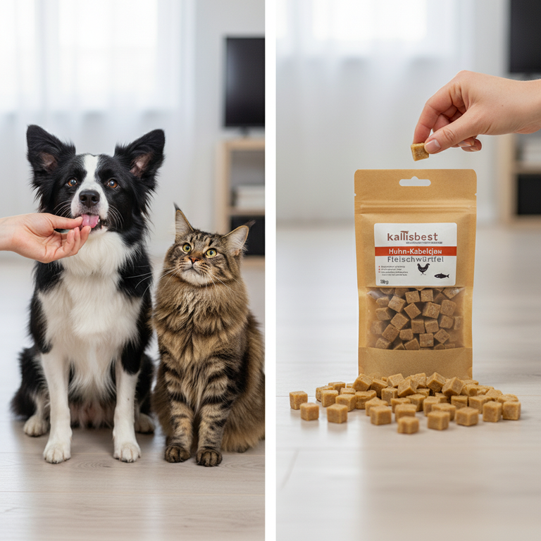 Huhn-Kabeljau Fleischwürfel – Border Collie und Maine Coon mit Verpackung