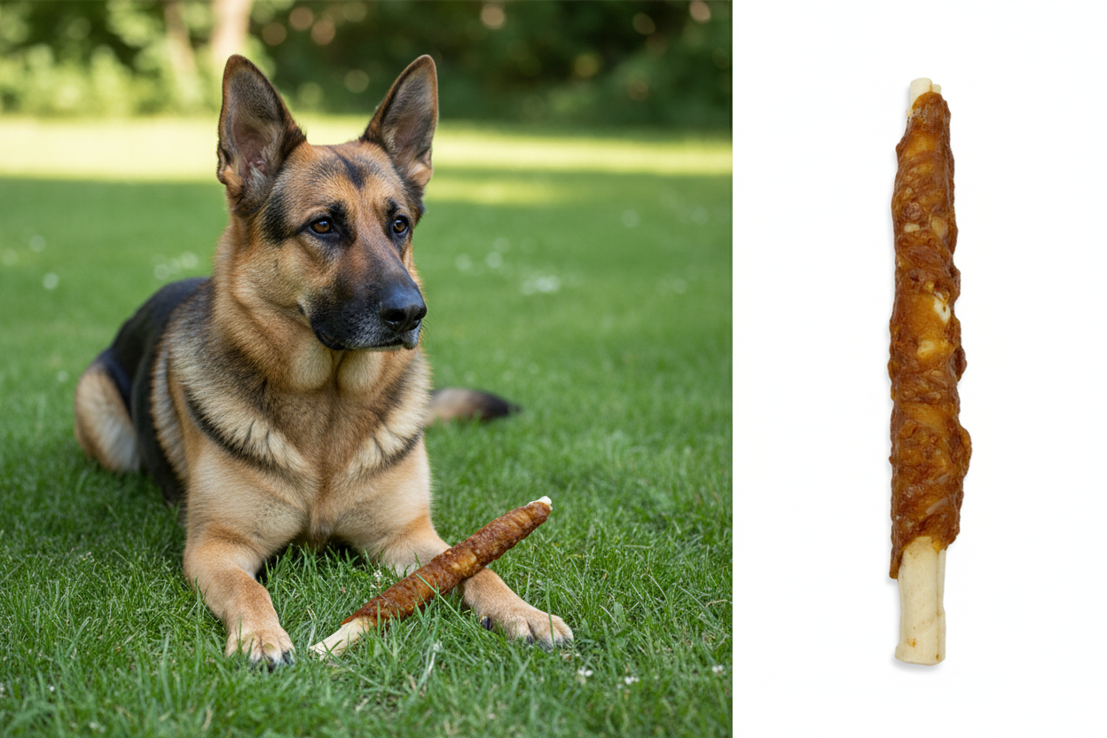 Kaustange im Hühnchenfleischmantel XL – Split-Bild mit Schäferhund