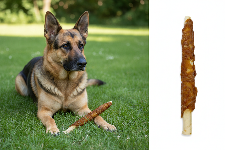 Kaustange im Hühnchenfleischmantel XL – Split-Bild mit Schäferhund