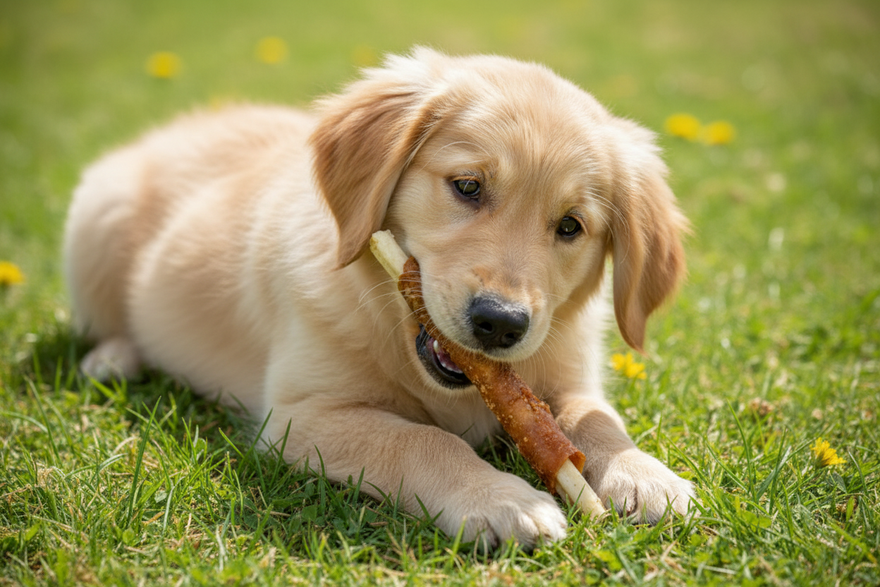 Golden Retriever Welpe kaut Kaustange im Hühnchenfleischmantel XL