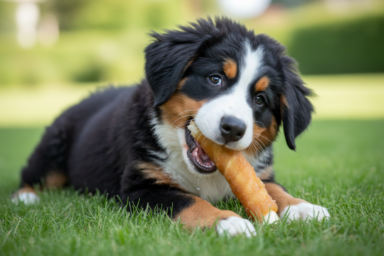 Berner Sennenhund Welpe kaut Kaustange im Hühnchenfleischmantel BIG