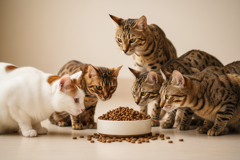 Huhn & Pute große Katzenrassen – Napf mit Bengalkatze, Savannah, Türkisch Van