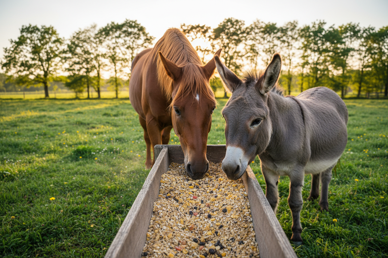 Pferd und Esel fressen Schwarzkümmel unter Müsli gemischt