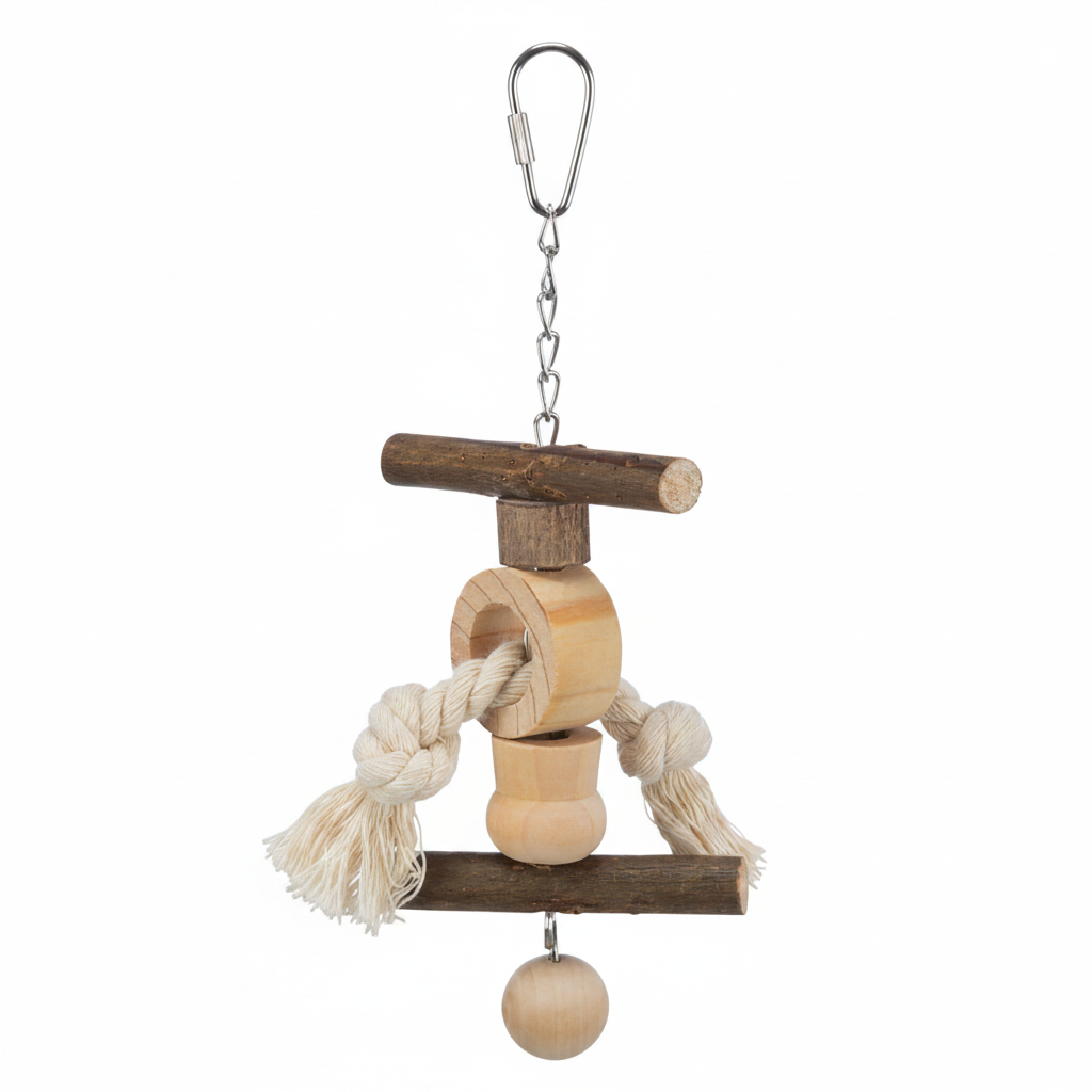 Trixie Vogelspielzeug Holz mit Seil – weißer Hintergrund