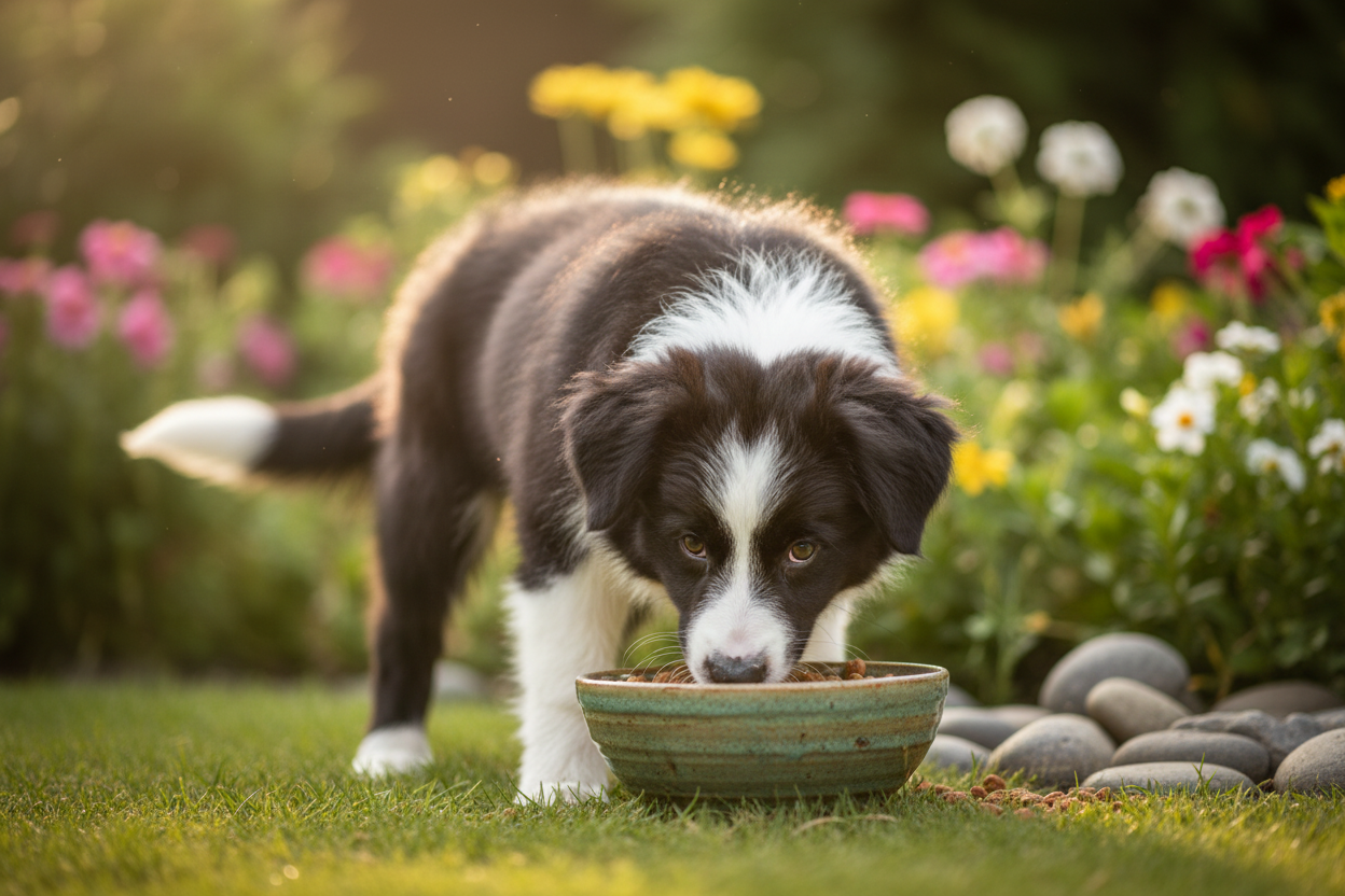 Border Collie Welpe frisst Kallisbest Welpenfutter