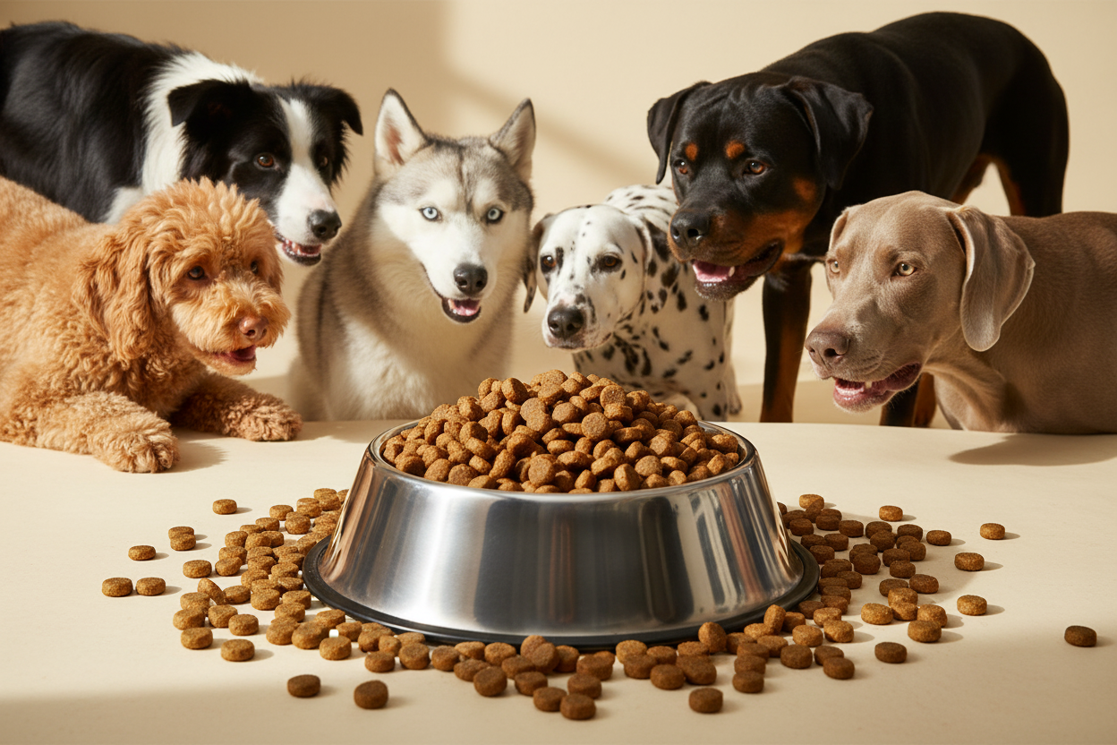 Fisch & Rind mit Kartoffel mittlere Kroketten – Napf mit Border Collie, Husky, Pudel, Rottweiler, Dalmatiner