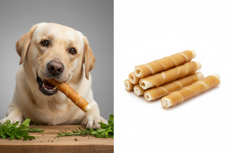 Kaustangen im Hühnchenfleischmantel BIG – Split-Bild mit Labrador