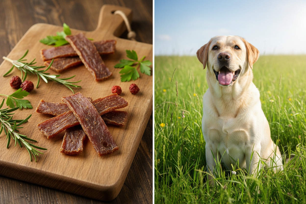 Kallisbest Kaninchen Filetstreifen – Split-Bild mit Labrador