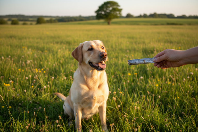 Labrador in der Natur bekommt Lachshaut Snack – Kallisbest