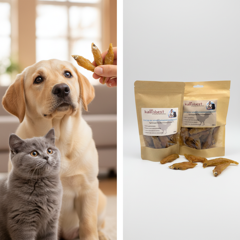 Fische im Hühnerbrustfiletmantel – Labrador Welpe und BKH Kitten mit Kallisbest Verpackung