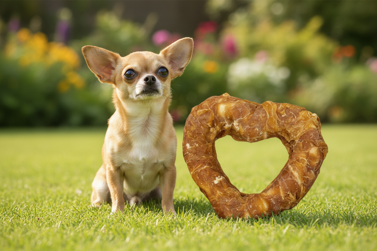 Chihuahua schaut auf riesiges Kallisbest Herz XL – lustige Darstellung
