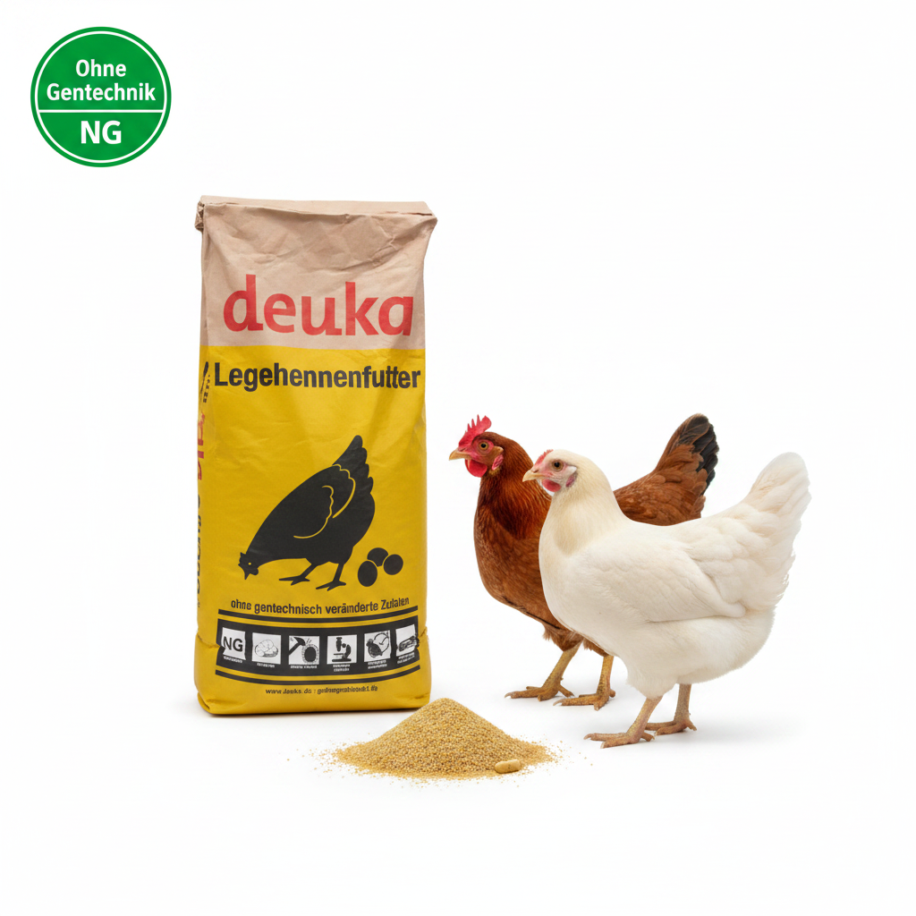 deuka NG Legemehl 25 kg mit Hühnern und Ohne Gentechnik Badge