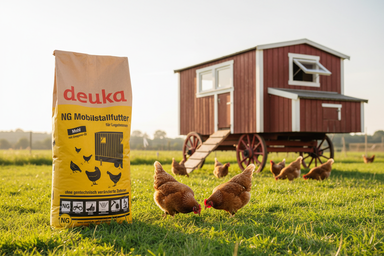 deuka NG Mobilstallfutter 25 kg – Sack mit Mobilstall und Legehennen