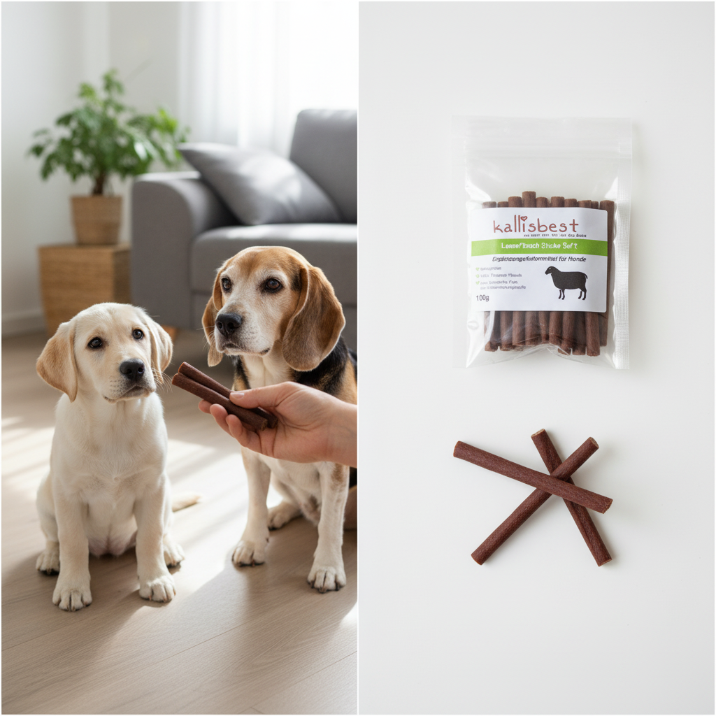 Lamm Sticks Soft – Labrador Welpe und Senior Beagle im Training