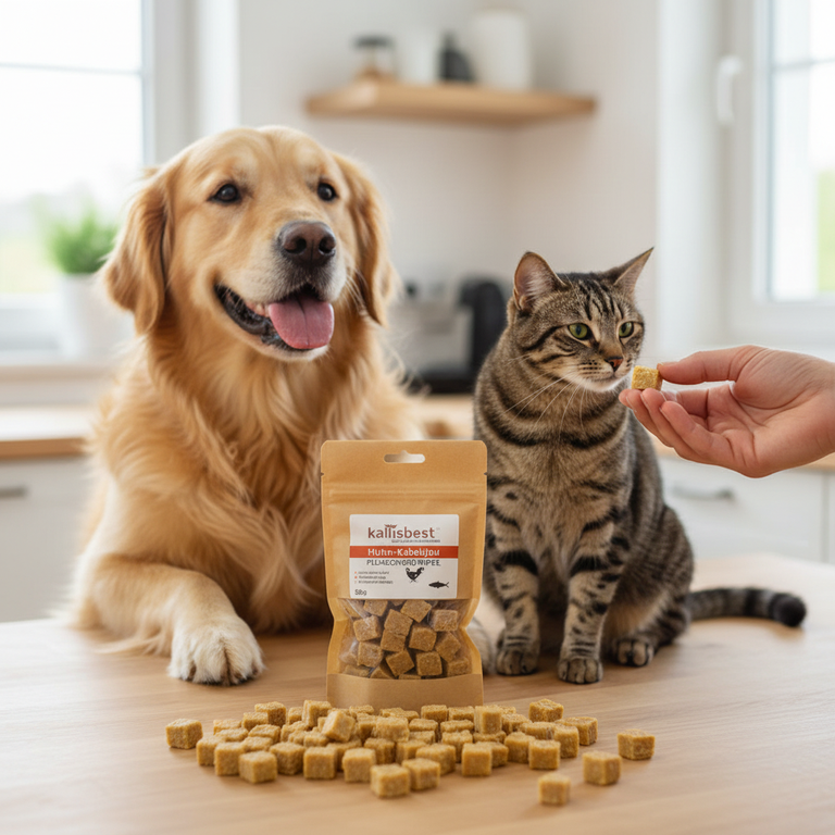 Huhn-Kabeljau Fleischwürfel – Verpackung vorne, Golden Retriever und Katze im Hintergrund