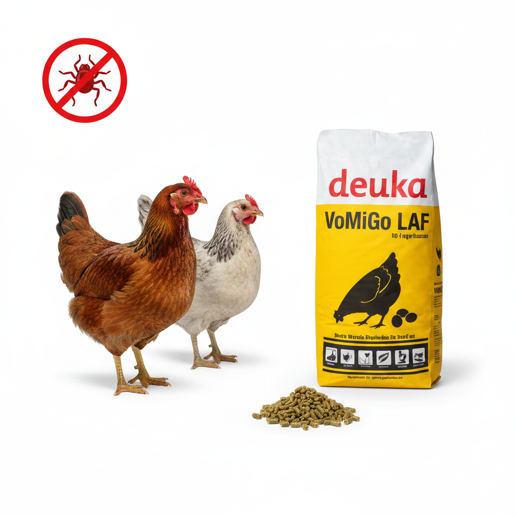 deuka VoMiGo LAF Pellet 25 kg mit Hühnern und Vogelmilbe Badge