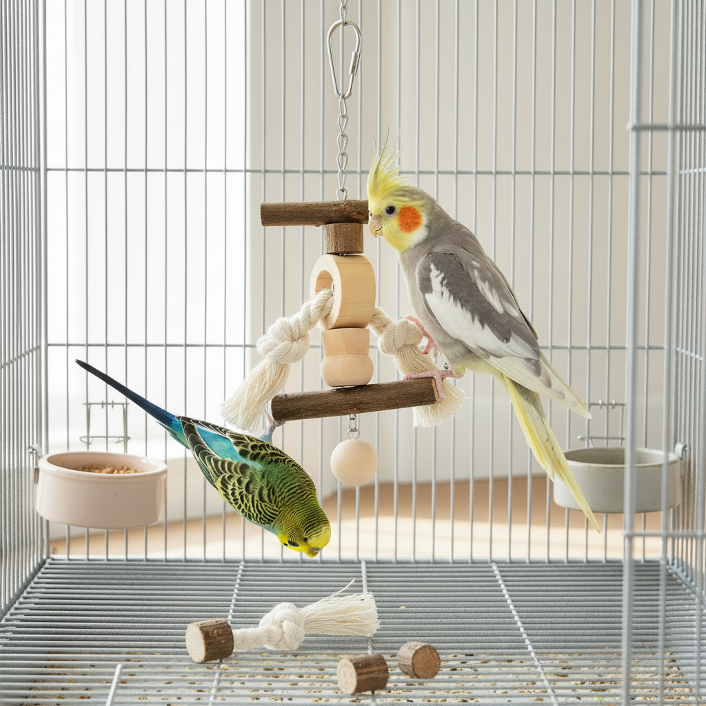 Trixie Vogelspielzeug im Käfig mit Wellensittich und Nymphensittich