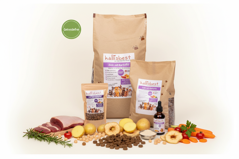 Ente mit Kartoffel mittlere Kroketten – Verpackung mit Zutaten und Getreidefrei-Badge